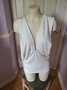 White Deep V-Neck Sleeveless Draped Tank Top